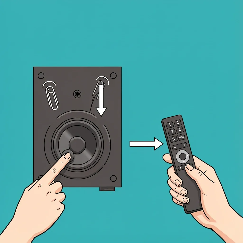 Hands pressing sync button on Vizio subwoofer and soundbar remote with numbered steps