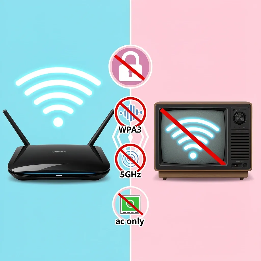 Router Compatibility Issues with Old Vizio TV Illustration showing a modern router with security and frequency barriers blocking connection to an old Vizio TV.