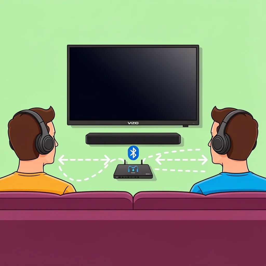 Two people wearing wireless headphones connected to a Bluetooth transmitter while a soundbar plays