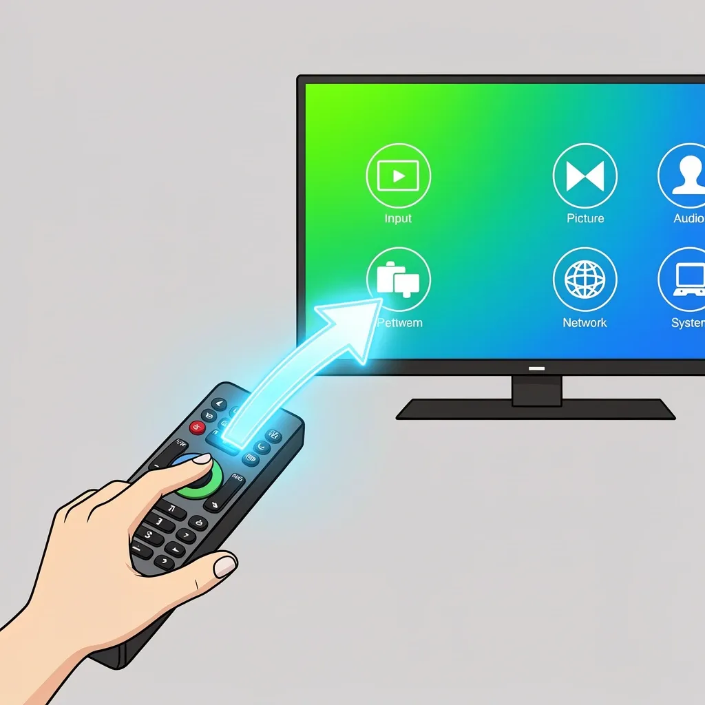 Illustration of a hand using a Vizio remote to navigate TV settings showing menu options.