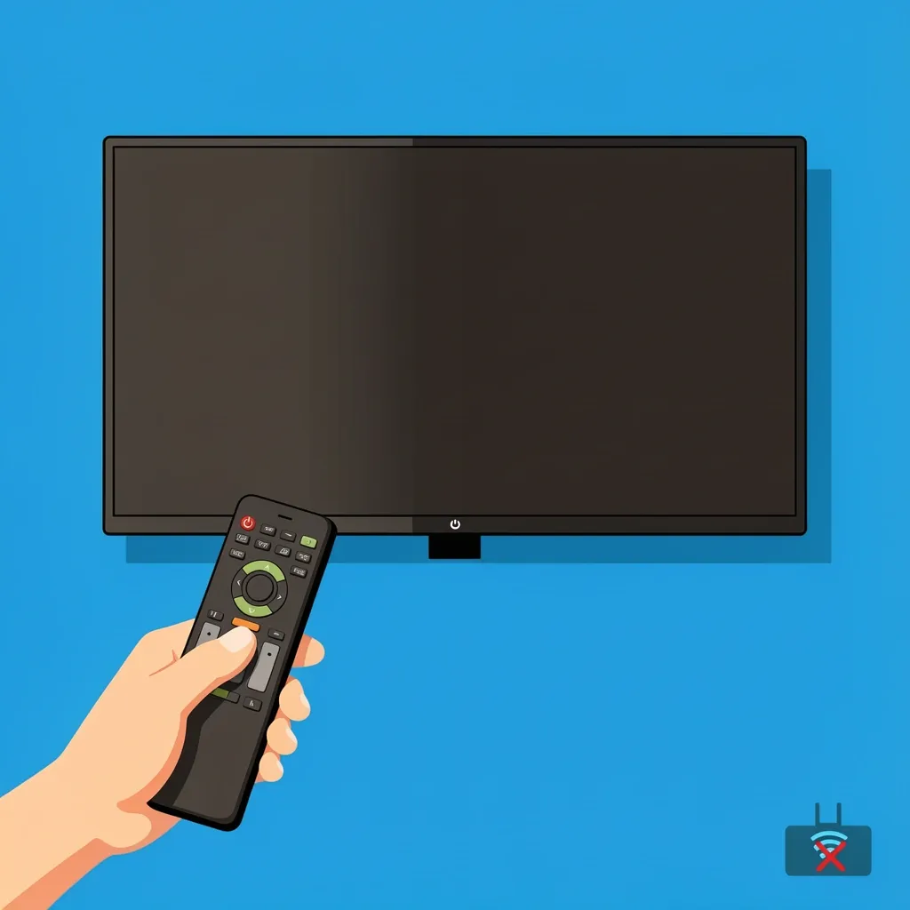 Person with universal remote pointing at a thin TV with no visible buttons, Wi-Fi icon showing no connection