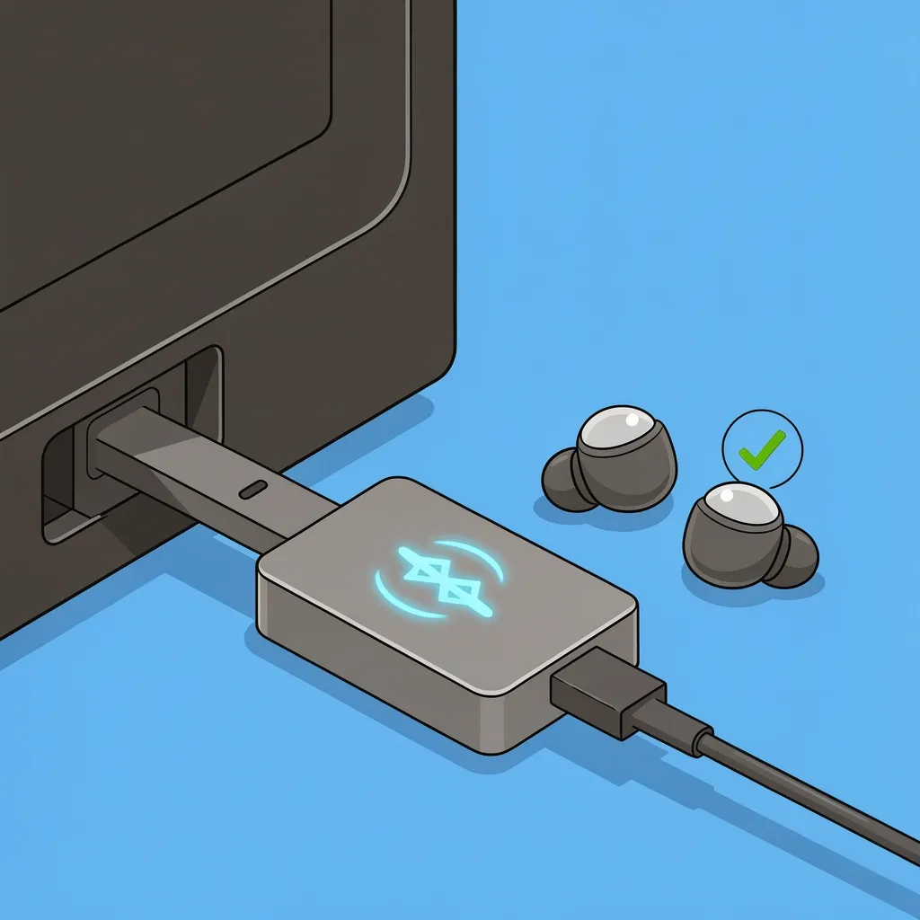 Optical to Bluetooth Transmitter Connection for Vizio TV Optical cable connecting Vizio TV to Bluetooth transmitter with wireless earbuds nearby and checkmark for compatibility