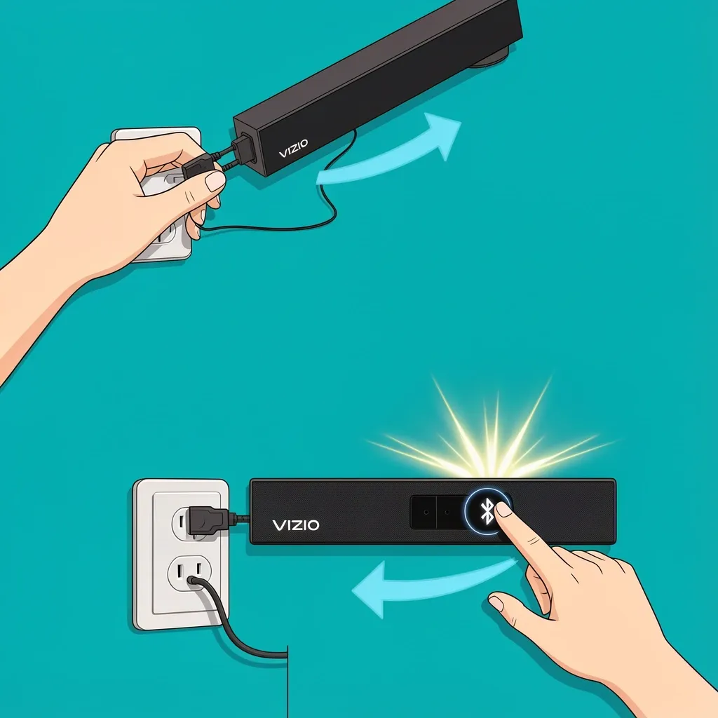 Hand unplugging and plugging Vizio soundbar, then pressing Bluetooth button for 10 seconds