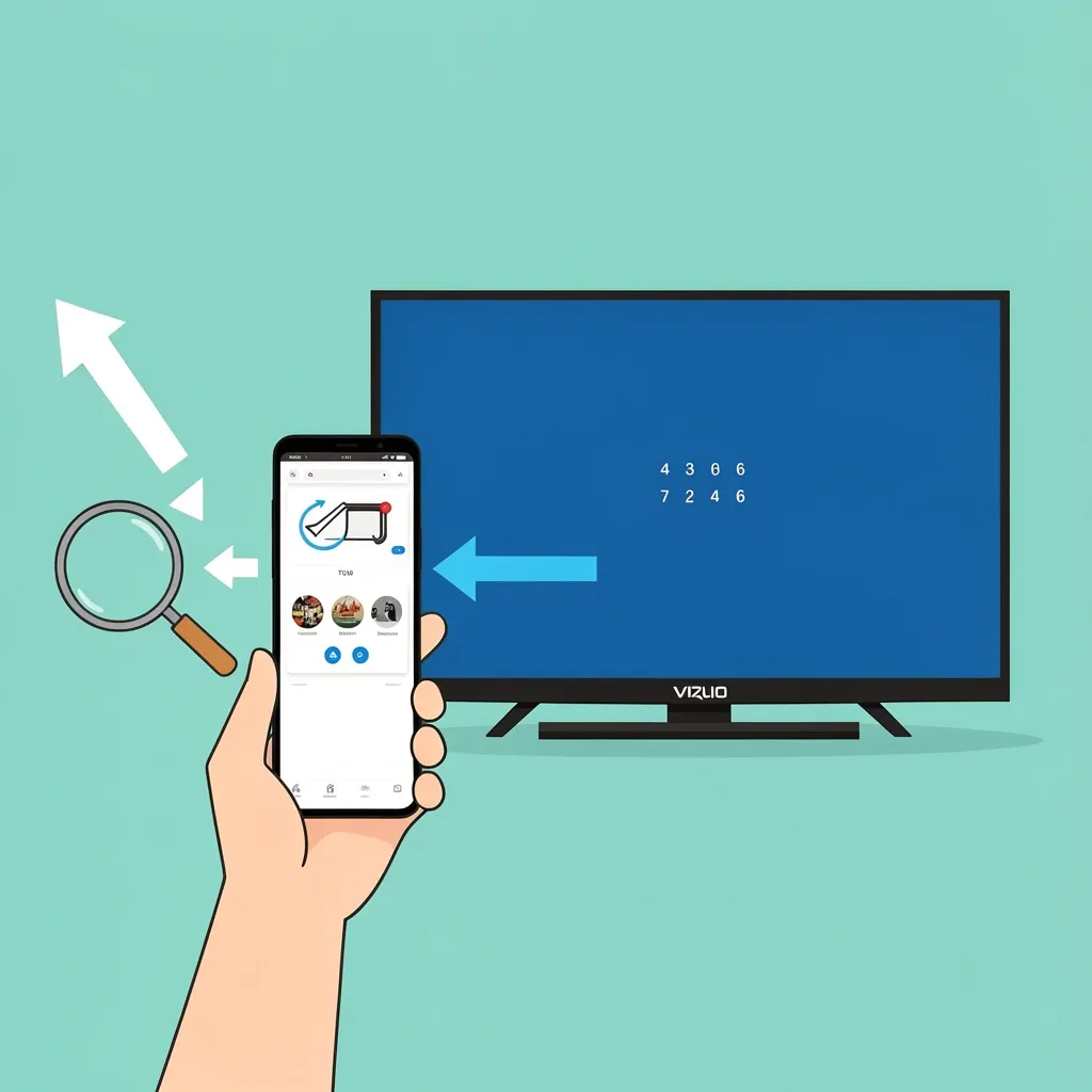 Step-by-step pairing process of VIZIO Mobile App with a TV showing phone searching and TV displaying code.