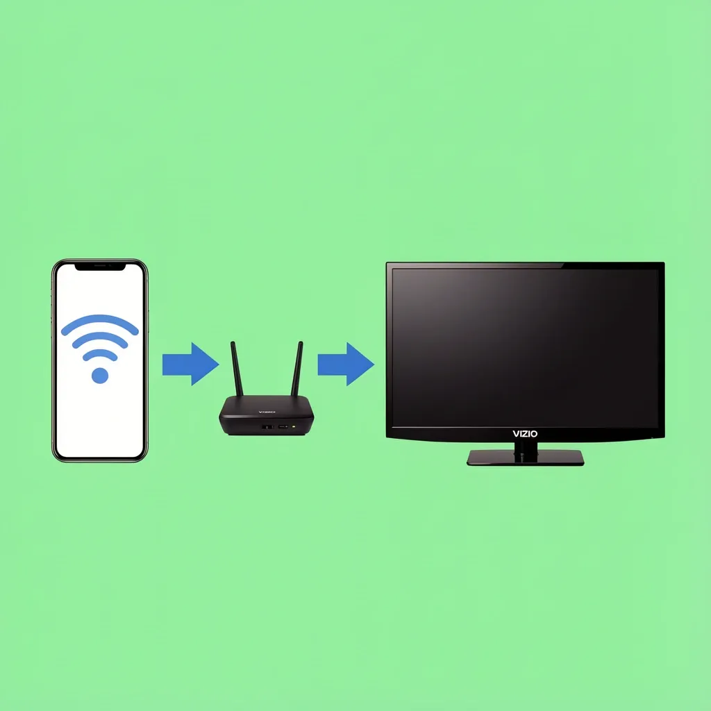 Illustration of using a phone as a hotspot with a travel router to connect a VIZIO TV without Wi-Fi.