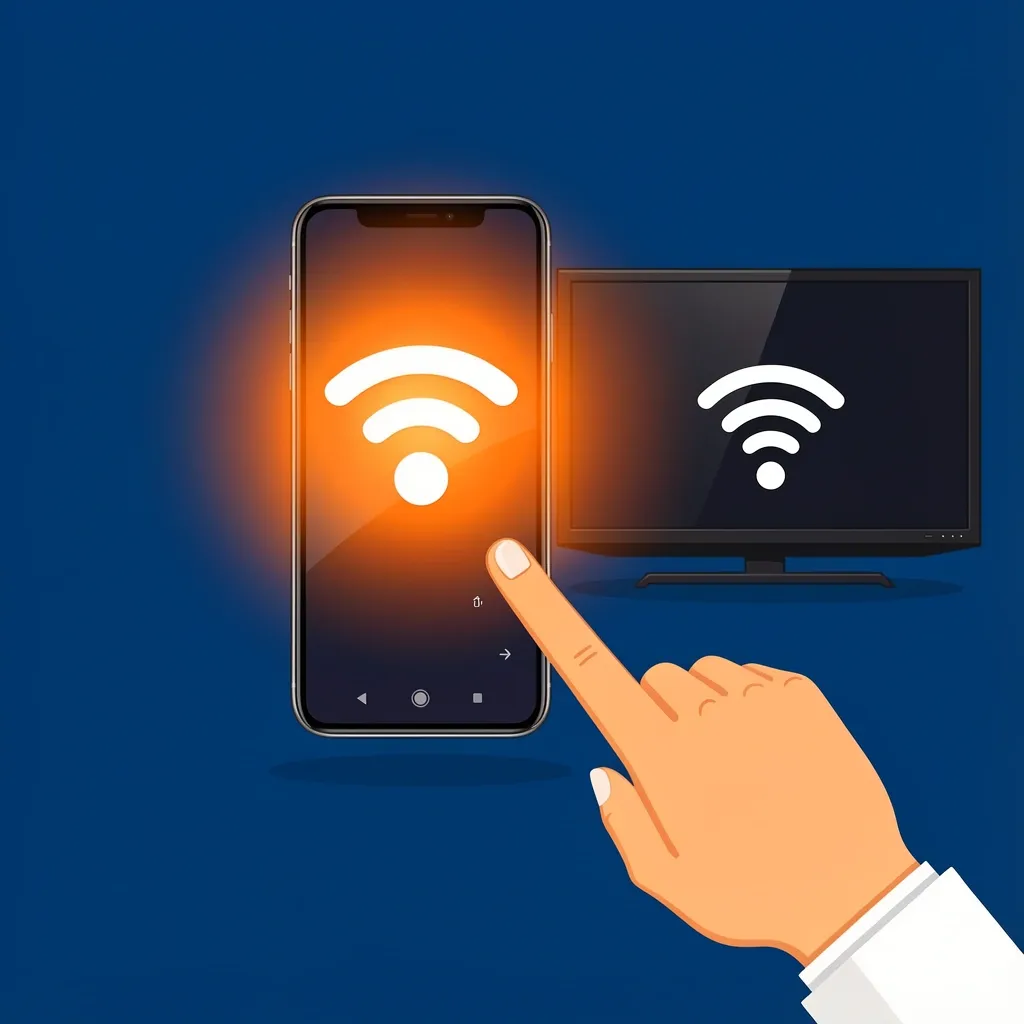 Smartphone hotspot icon emitting WiFi waves connecting to a Vizio TV