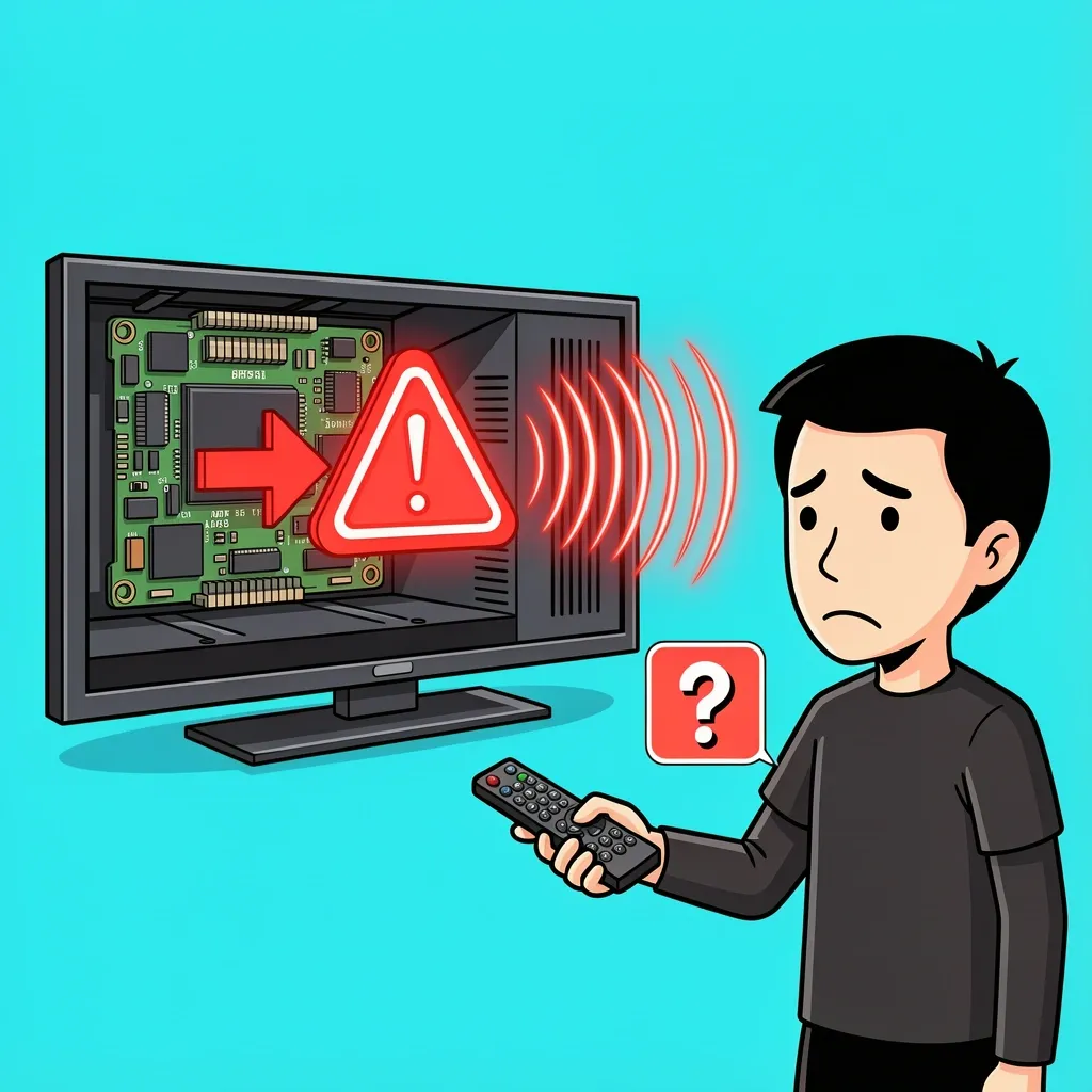 Pop sound diagnostic indicator for Vizio TV main board TV with popping sound red alert icon and highlighted main board with faceless person holding remote question mark