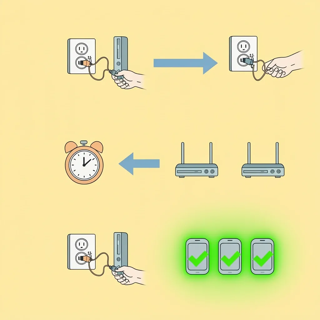 How to power-cycle Vizio TV network correctly Step-by-step guide to power-cycle modem, router, and Vizio TV in the correct order with timer and arrows.