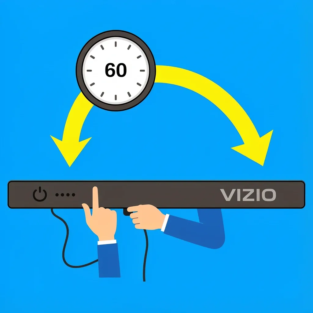 A user performing a full power cycle on a Vizio sound bar by unplugging, waiting 60 seconds, holding the power button, and replugging