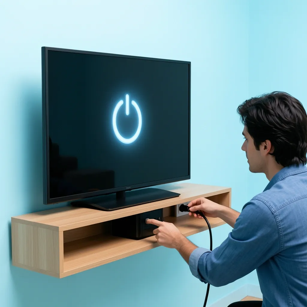 Person unplugging smart TV and holding power button to perform a hard power cycle for fixing no sound issue