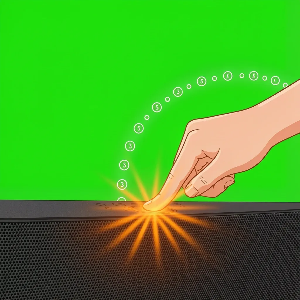 Hand pressing and holding Bluetooth button on Vizio soundbar with rapid amber LED flash