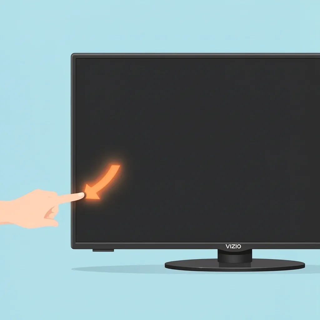 Hand pressing the physical power button on the back of a Vizio TV