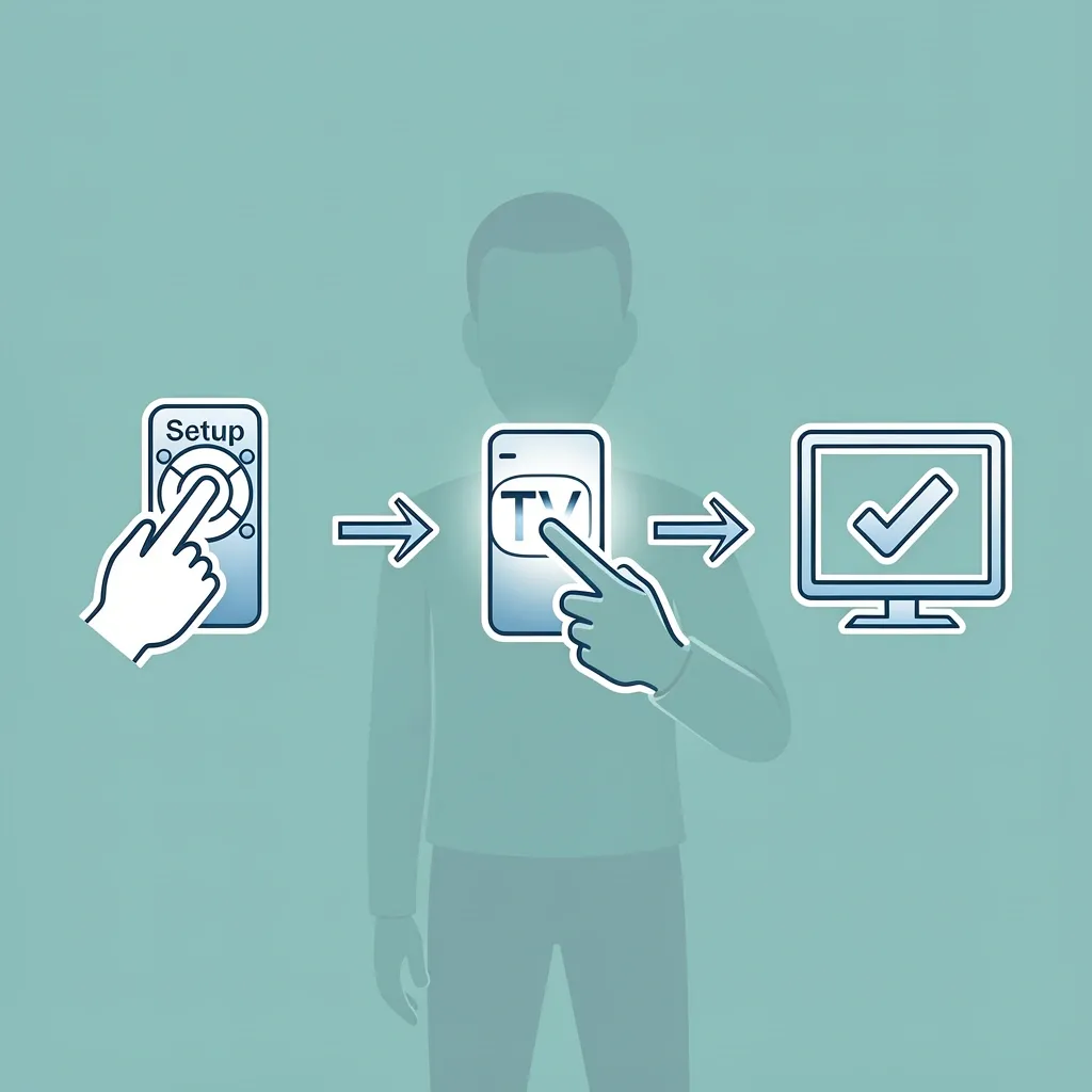 Sequential icons illustrating the steps to program a universal remote to a Vizio TV