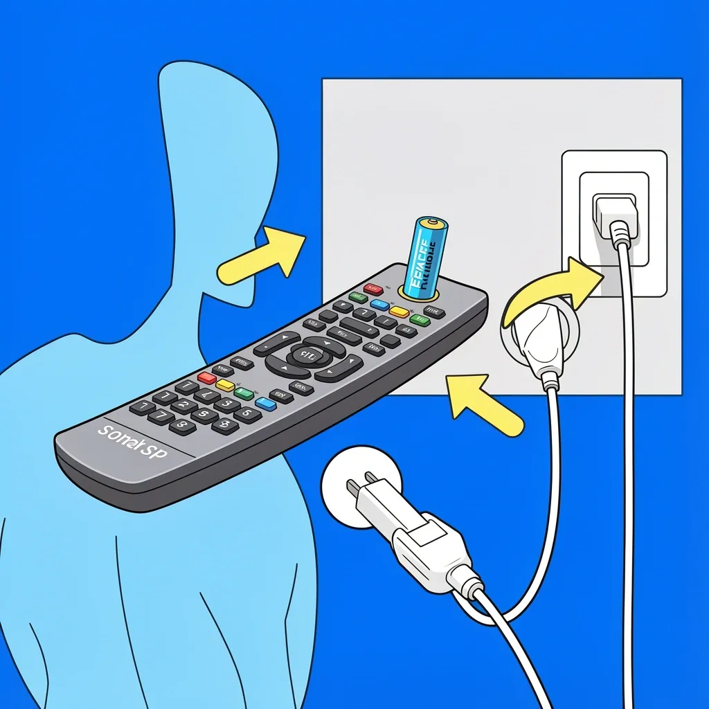 Quick checks for Vizio remote before replacement Faceless person performing step-by-step quick checks on a Vizio TV remote including battery replacement and TV power cycle