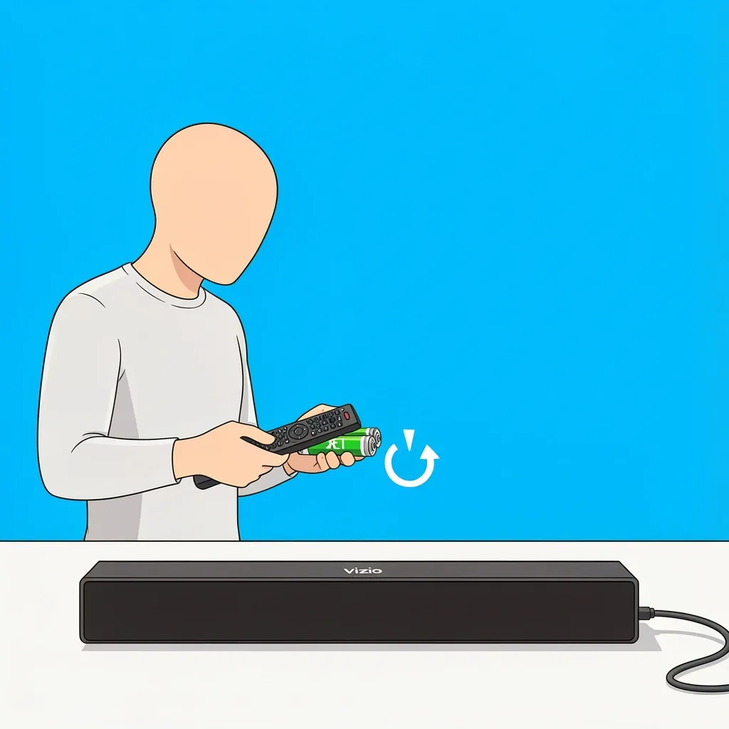 Faceless person replacing batteries in Vizio soundbar remote while soundbar is unplugged for power cycling
