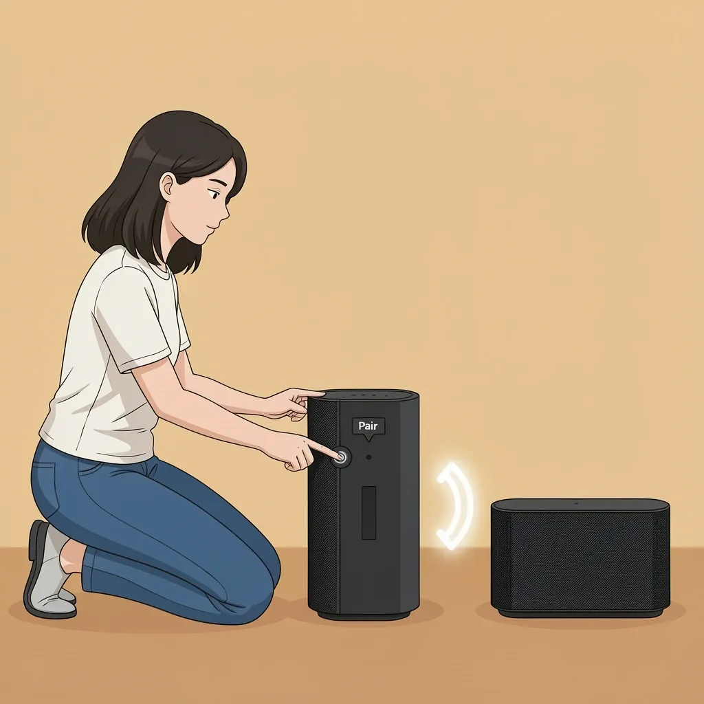 Person re-pairing wireless subwoofer with Vizio soundbar by pressing pair buttons