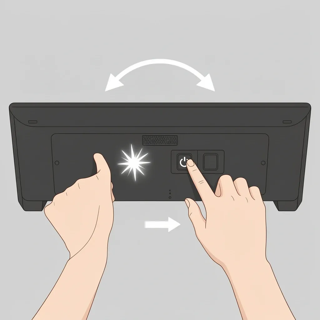 Hands pressing power and Bluetooth buttons on rear panel of Vizio soundbar with white LED flash