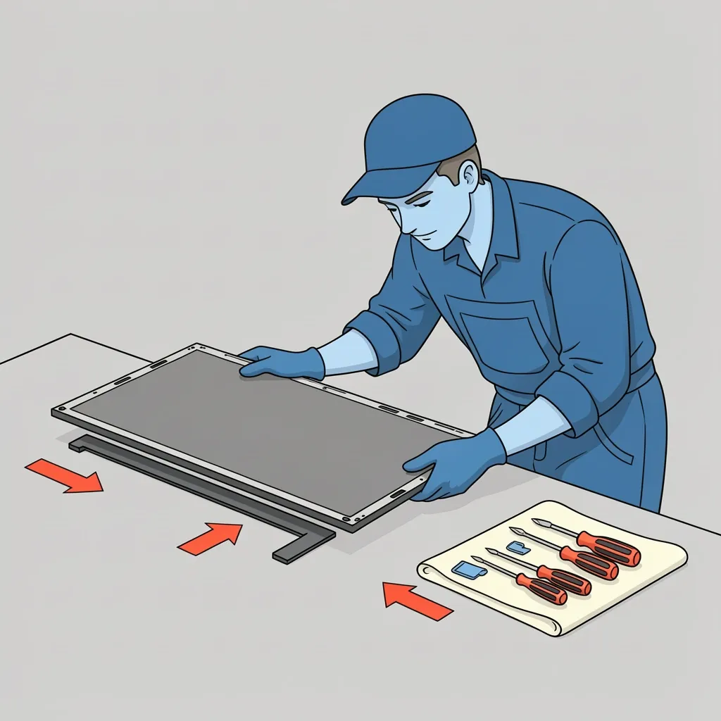 Generic character carefully handling LCD panel during Vizio TV backlight repair with tools