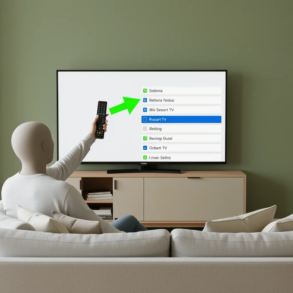 Person using Vizio remote to restart TV from settings menu