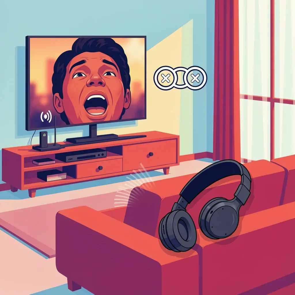 RF Wireless Headphones Setup for Vizio TV Living room with RF base station connected to Vizio TV and wireless headphones on sofa, with synchronization icon for zero latency