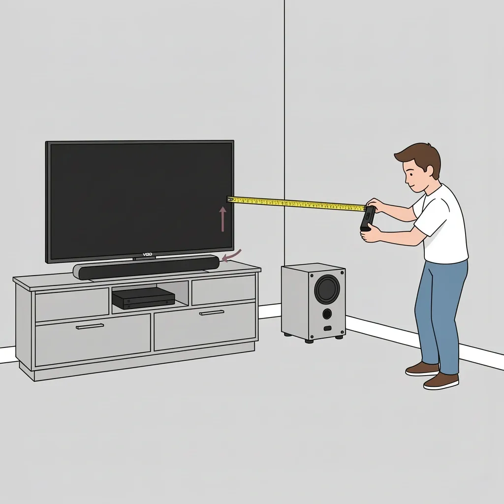 Visual guide to Vizio soundbar placement including distance from wall and subwoofer positioning