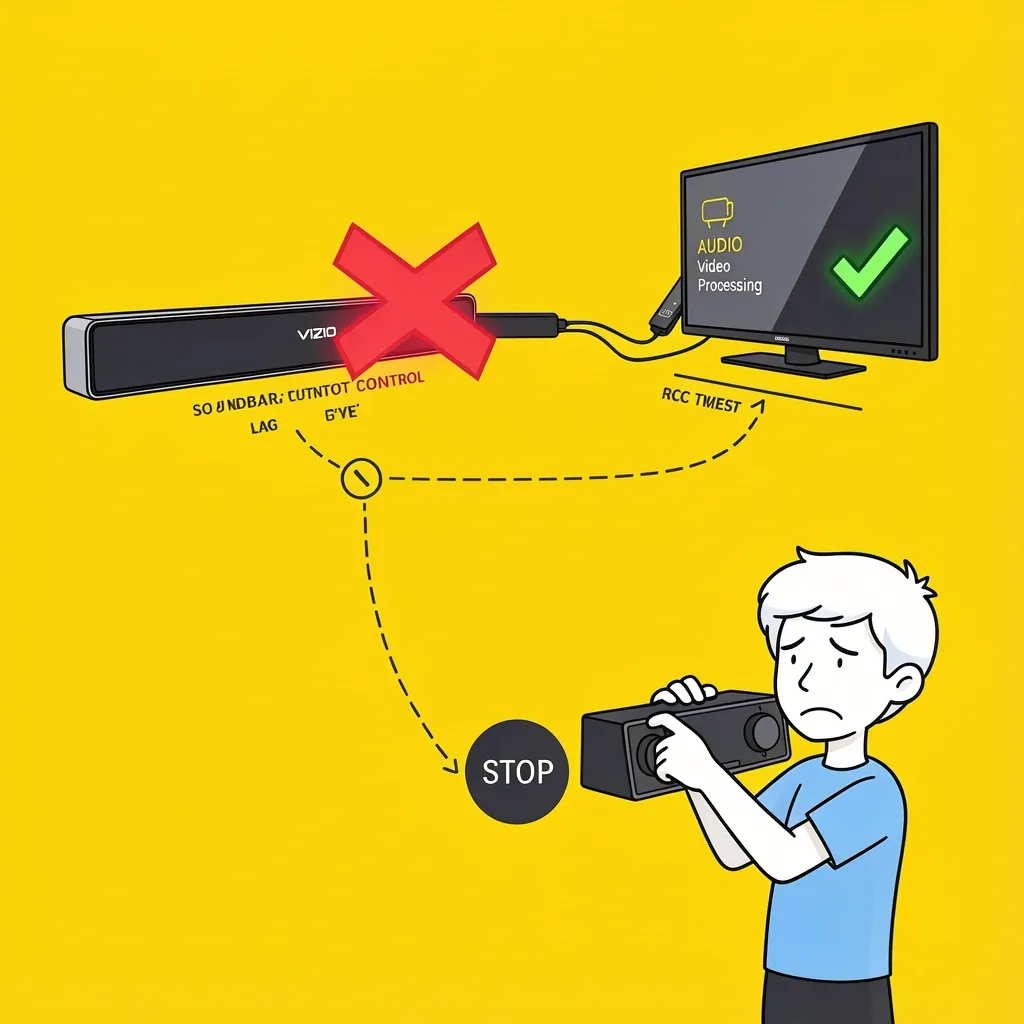Illustration showing a streaming device connected to a TV and soundbar, with a red X over the soundbar indicating it cannot fix TV video processing delay.