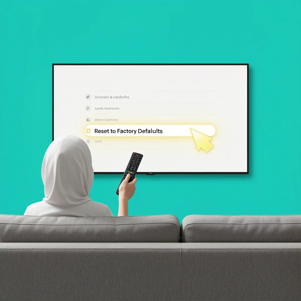 Person using Vizio remote to select factory reset option on TV screen