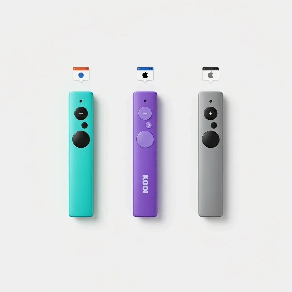 Three streaming devices Fire Stick Roku and Apple TV with browser icons showing web browsing capability