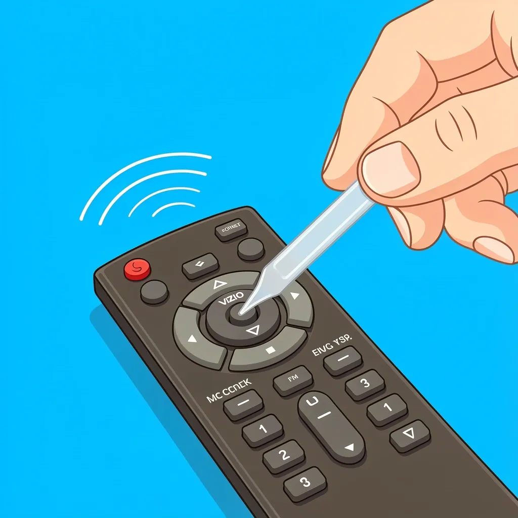 Fixing a stuck button on a Vizio remote Hand using plastic tool to pry a stuck button on Vizio remote, with signal waves indicating constant transmission
