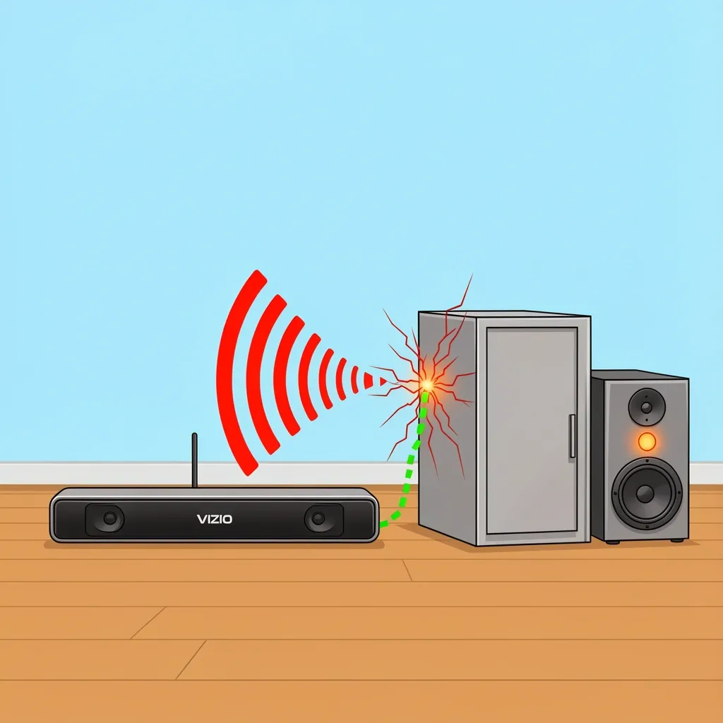Diagram showing wireless interference from a Wi-Fi router blocked by a metal cabinet, affecting subwoofer connection.
