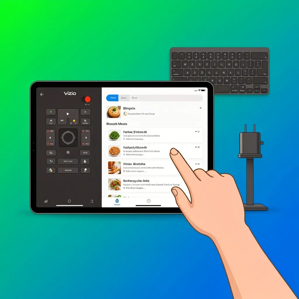 Pro Tips for Using Tablet as Vizio Remote Tablet in split-screen mode with Vizio remote app and browsing app, with Bluetooth keyboard and charging stand