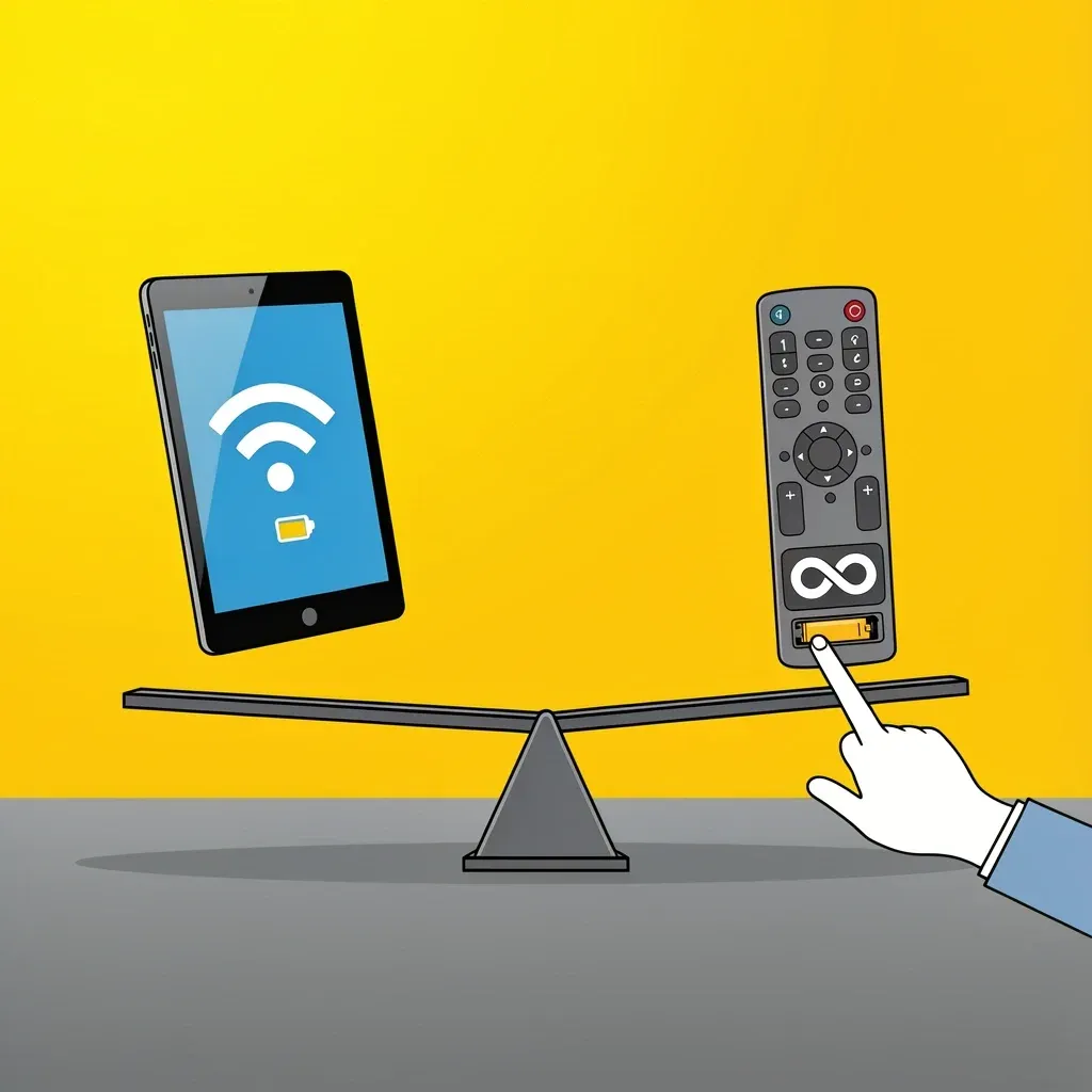 Tablet vs Physical Remote Pros and Cons Balance scale comparing tablet and physical remote for Vizio TV control