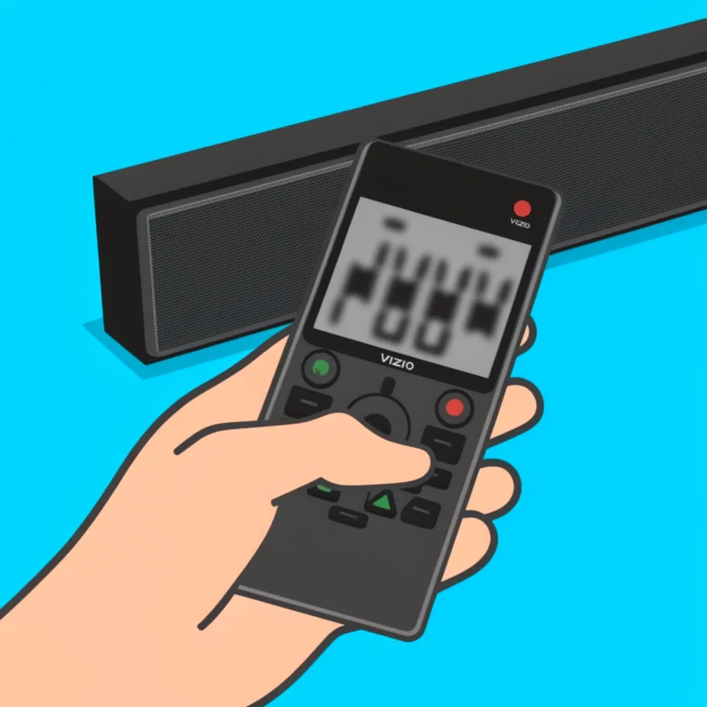 Hand holding a universal remote with abstract numbers on its display, with a Vizio sound bar in the background