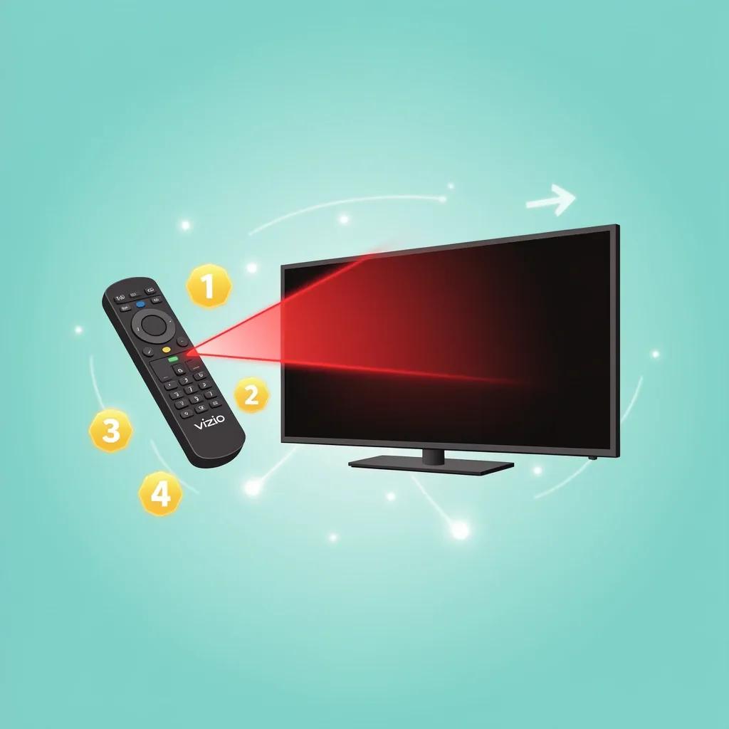 Universal remote control pointing at Vizio TV with glowing number codes around it
