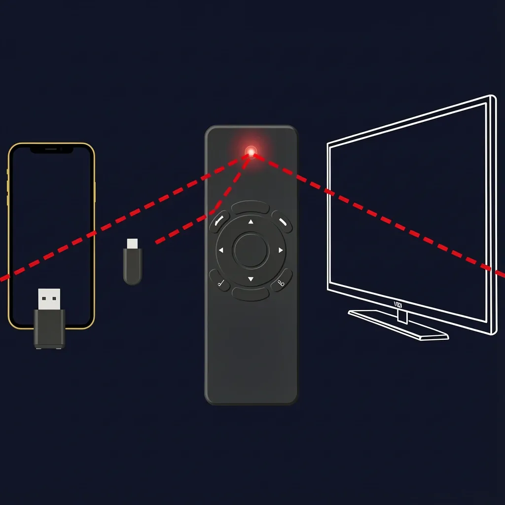 Vector illustration of a universal remote and two phones with IR emitters sending red beams to a Vizio TV, showing alternative volume control methods.