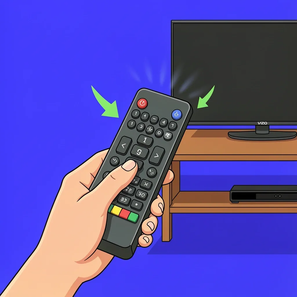 Hand pressing buttons on a universal remote with LED blinking, pointing toward a Vizio sound bar in the background