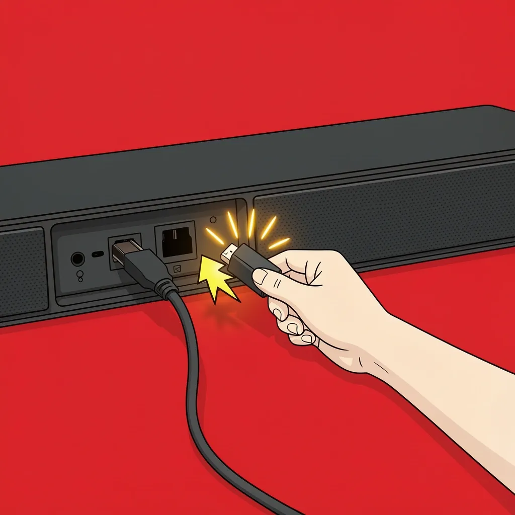 Hand unplugging HDMI cable from Vizio soundbar to enable Bluetooth pairing