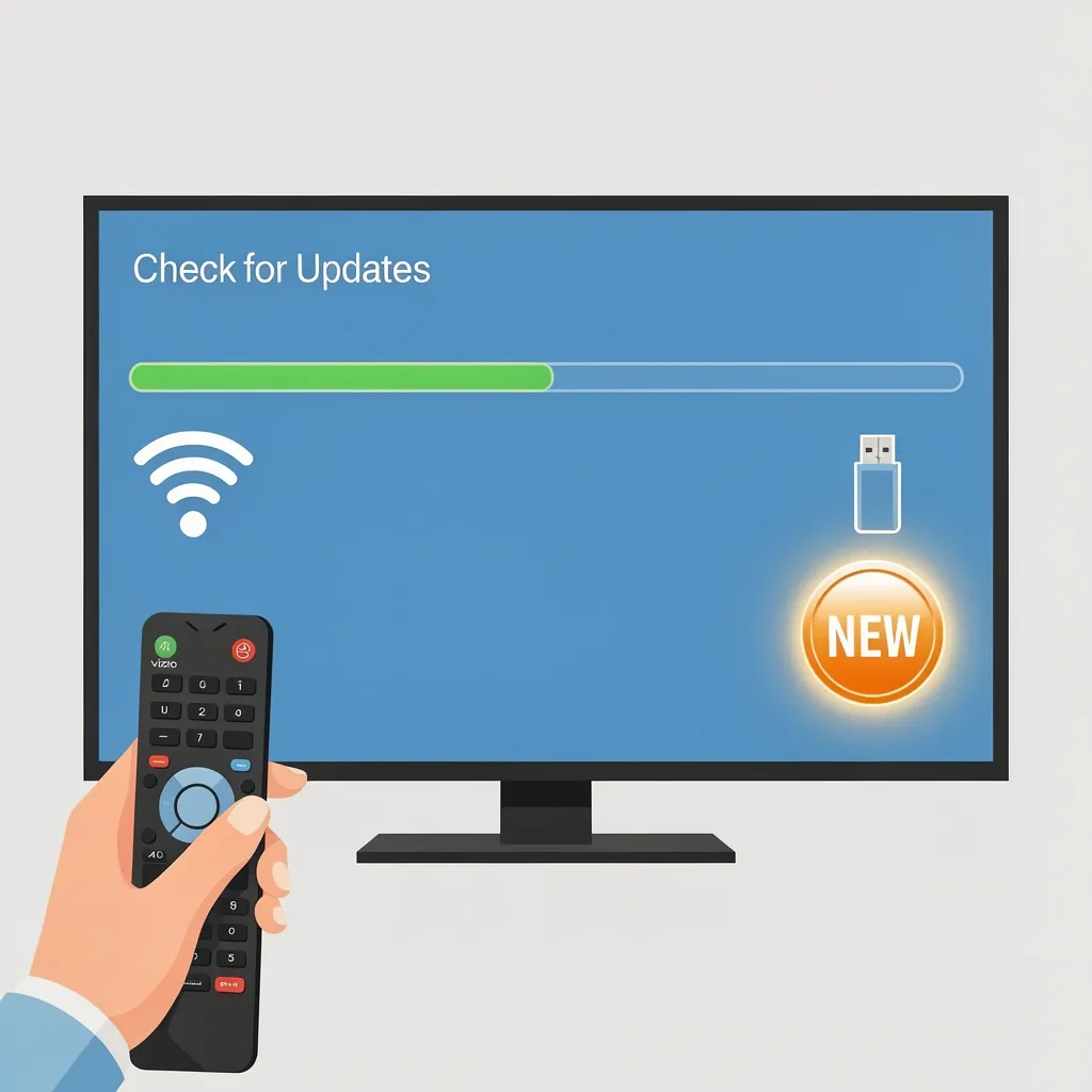 Vizio TV Firmware Update Person updating Vizio TV firmware via settings menu after factory reset for WiFi fix