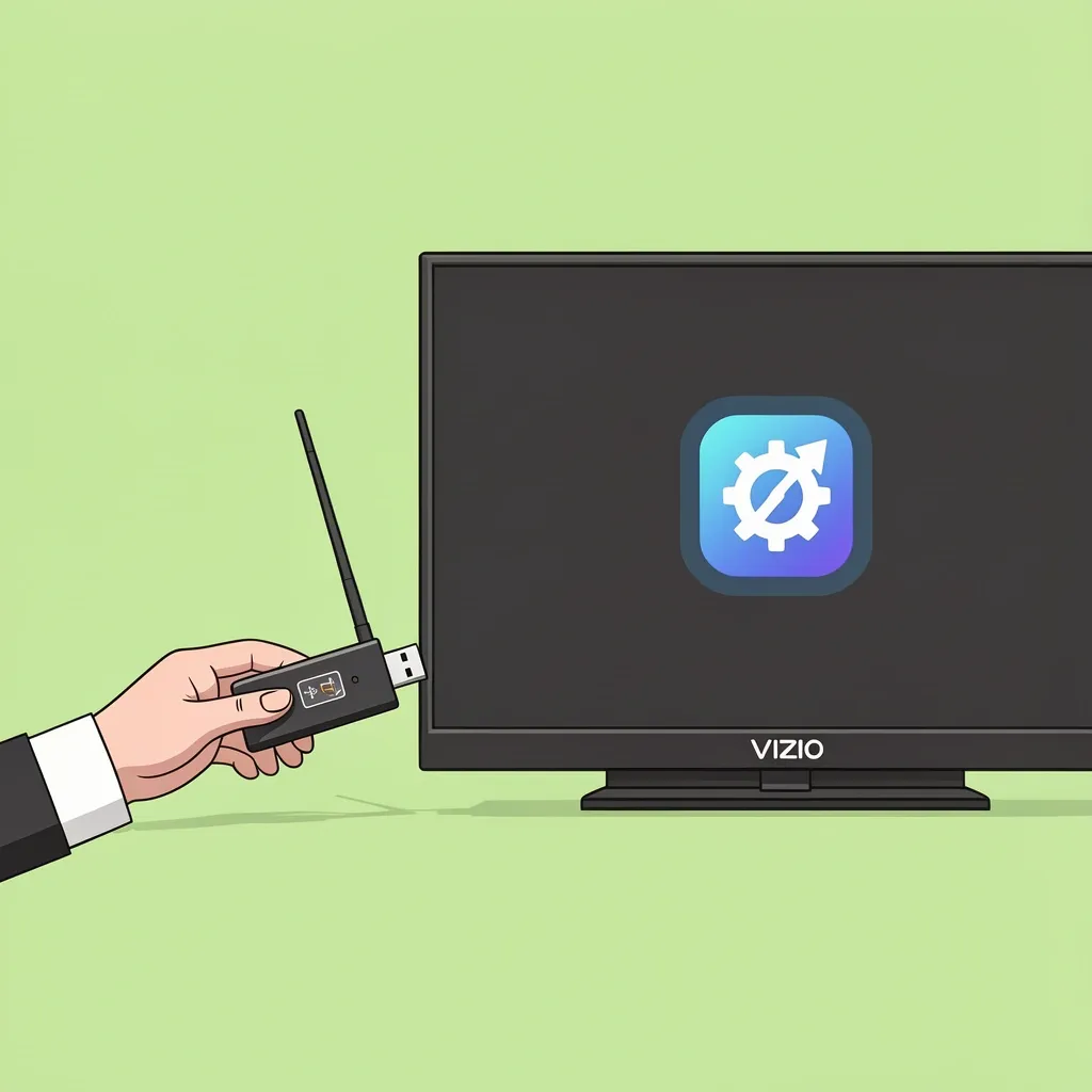 Illustration of a USB TV tuner adapter connected to a Vizio TV's USB port with an antenna attached.