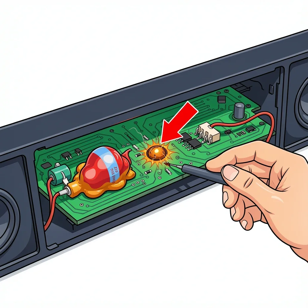 Visual inspection of a Vizio sound bar circuit board highlighting a bulging capacitor and a blown fuse with a multimeter probe