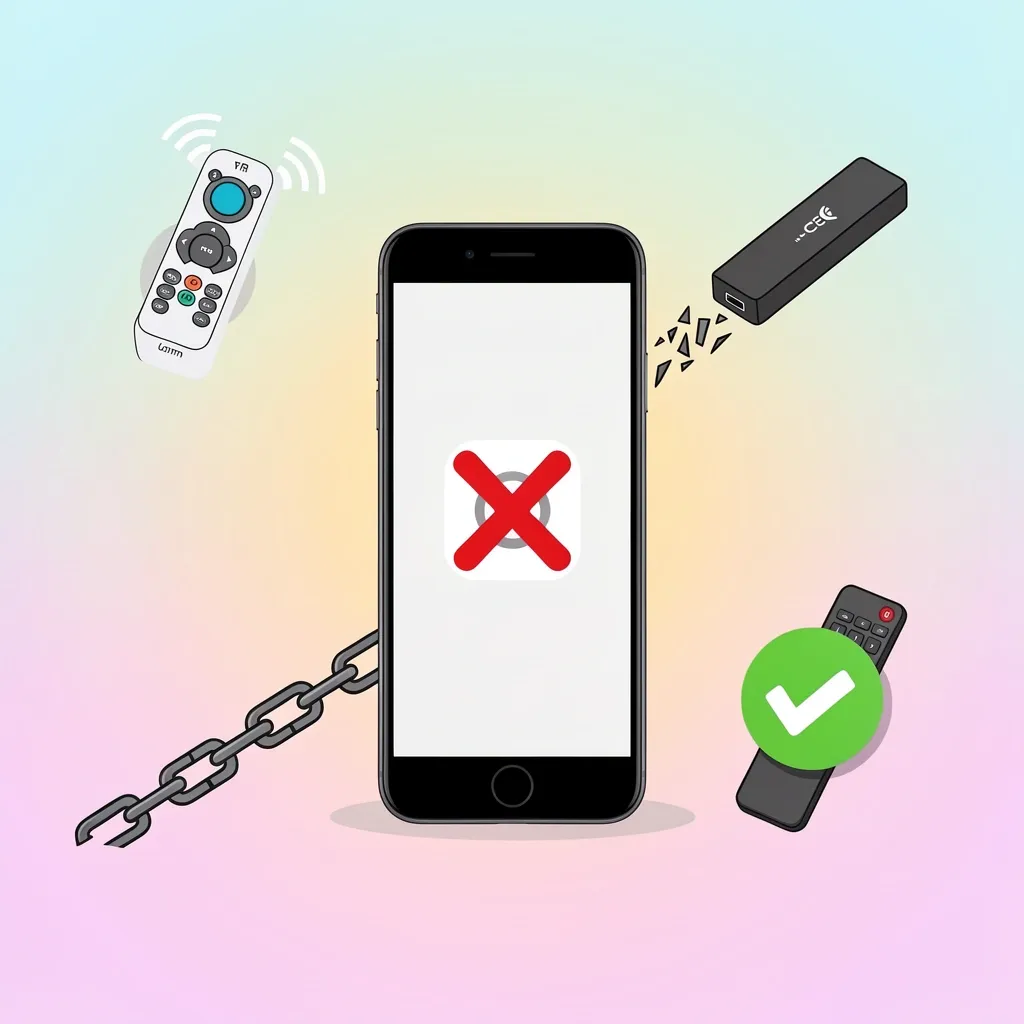 Smartphone with red X on remote app icon surrounded by alternative remote icons like IR and streaming stick