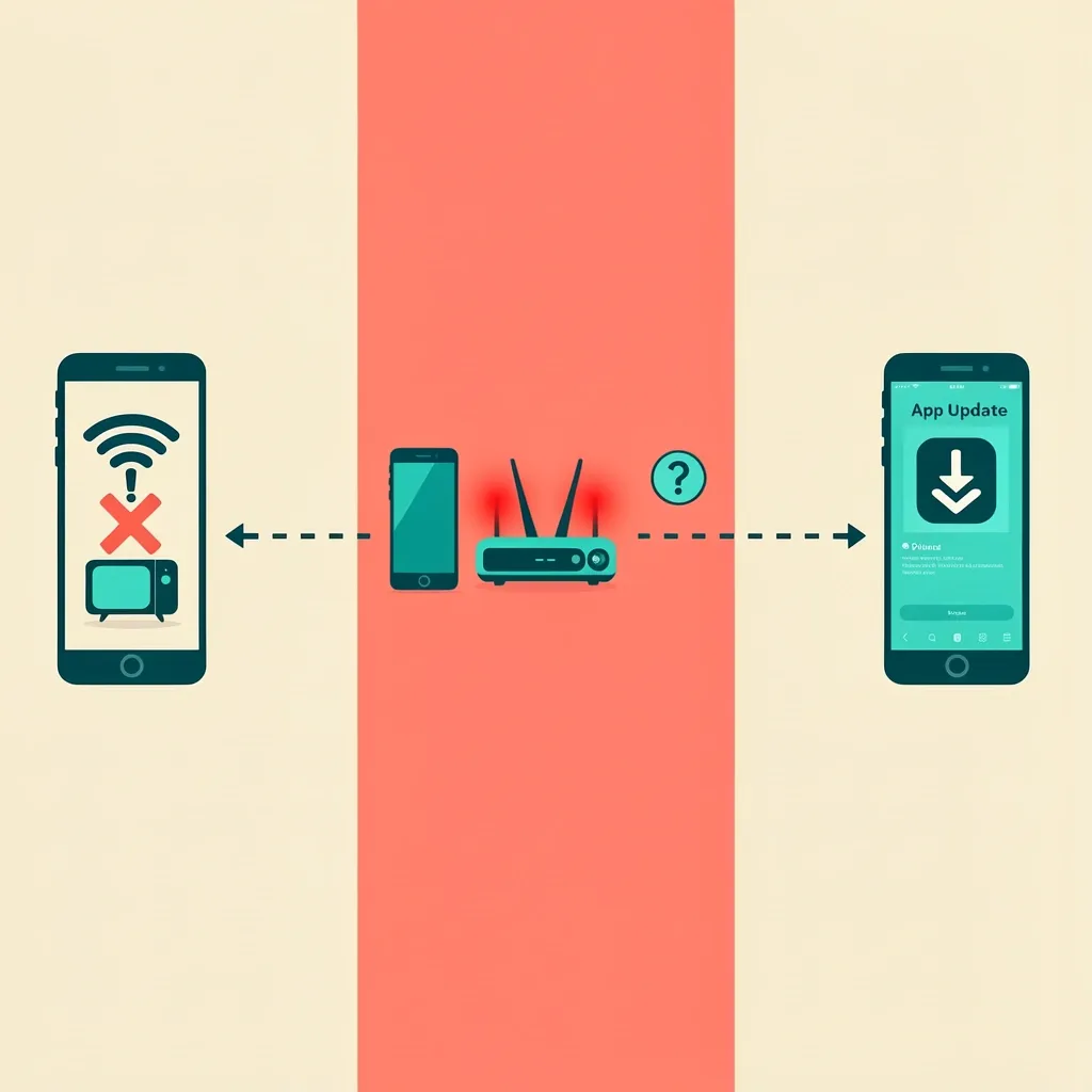 Split vector illustration showing three common Vizio app issues: a Wi-Fi symbol with a red X, a router with a broken connection between phone and TV, and an app update icon.