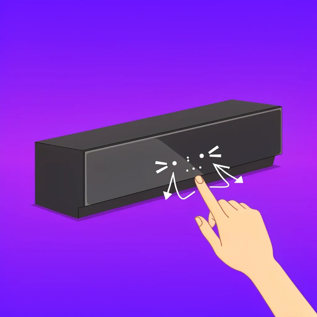 A hand pressing Power and Bluetooth buttons on a Vizio Elevate soundbar with white blinking lights during a factory reset.