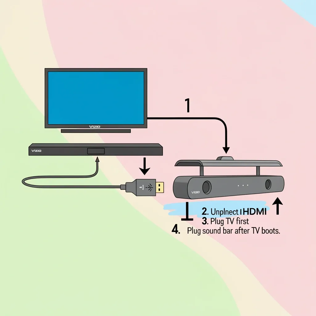 Four-step sequence to fix Vizio handshake bug: unplug both, connect HDMI, plug TV first, then plug sound bar