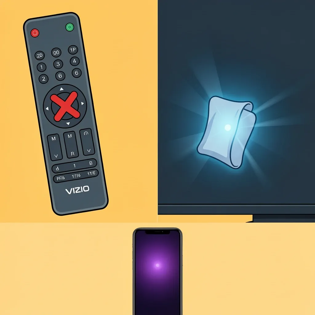 Illustration of troubleshooting a non-working menu button on a Vizio remote with sensor and battery checks.