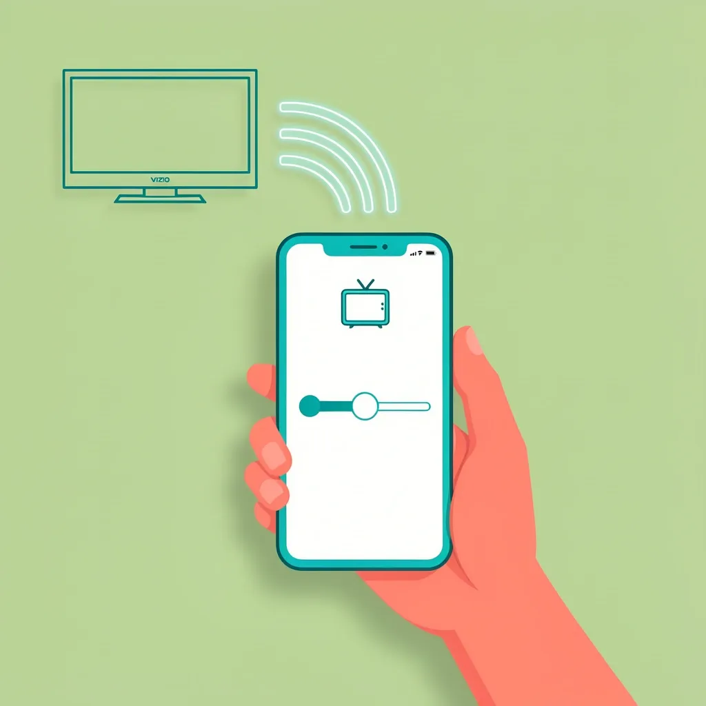 Illustration of a smartphone held by a hand showing the Vizio Mobile app with a volume slider and a Wi-Fi symbol connecting to a TV icon, indicating pairing.