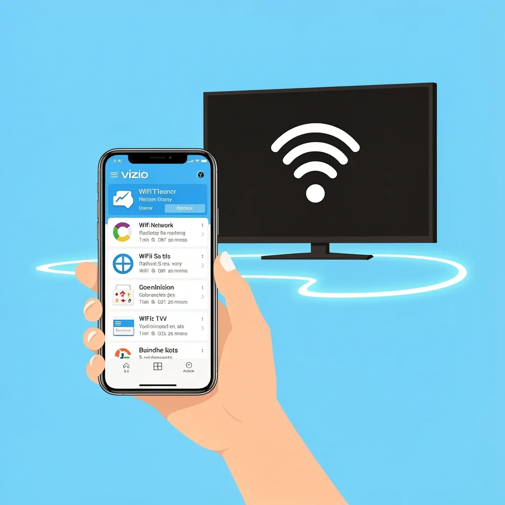 Smartphone showing Vizio app with WiFi network list, connected to a Vizio TV in the background