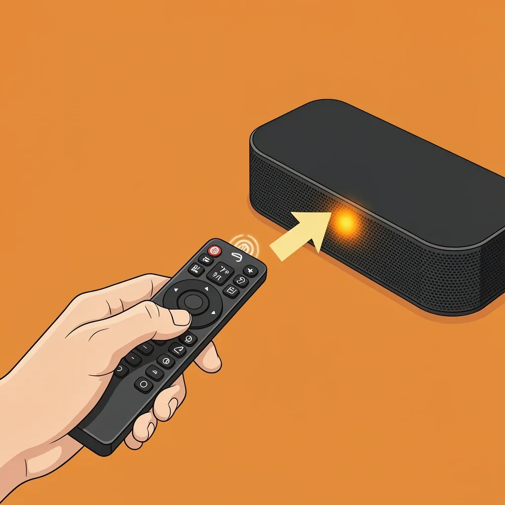 Hand holding Vizio remote with Bluetooth button highlighted, pointing at soundbar with blinking LED