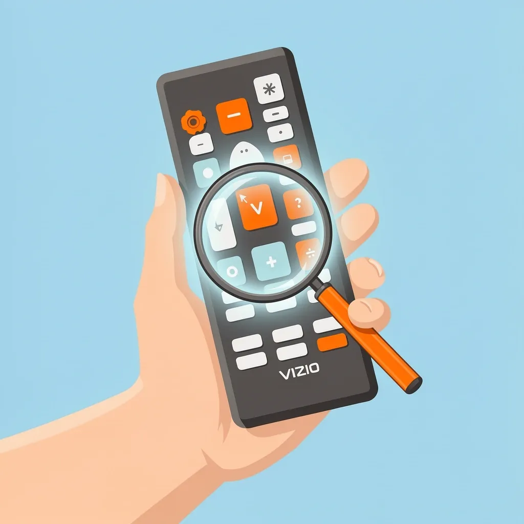 Illustration highlighting the menu button location on a Vizio remote control with a glowing magnifying glass.