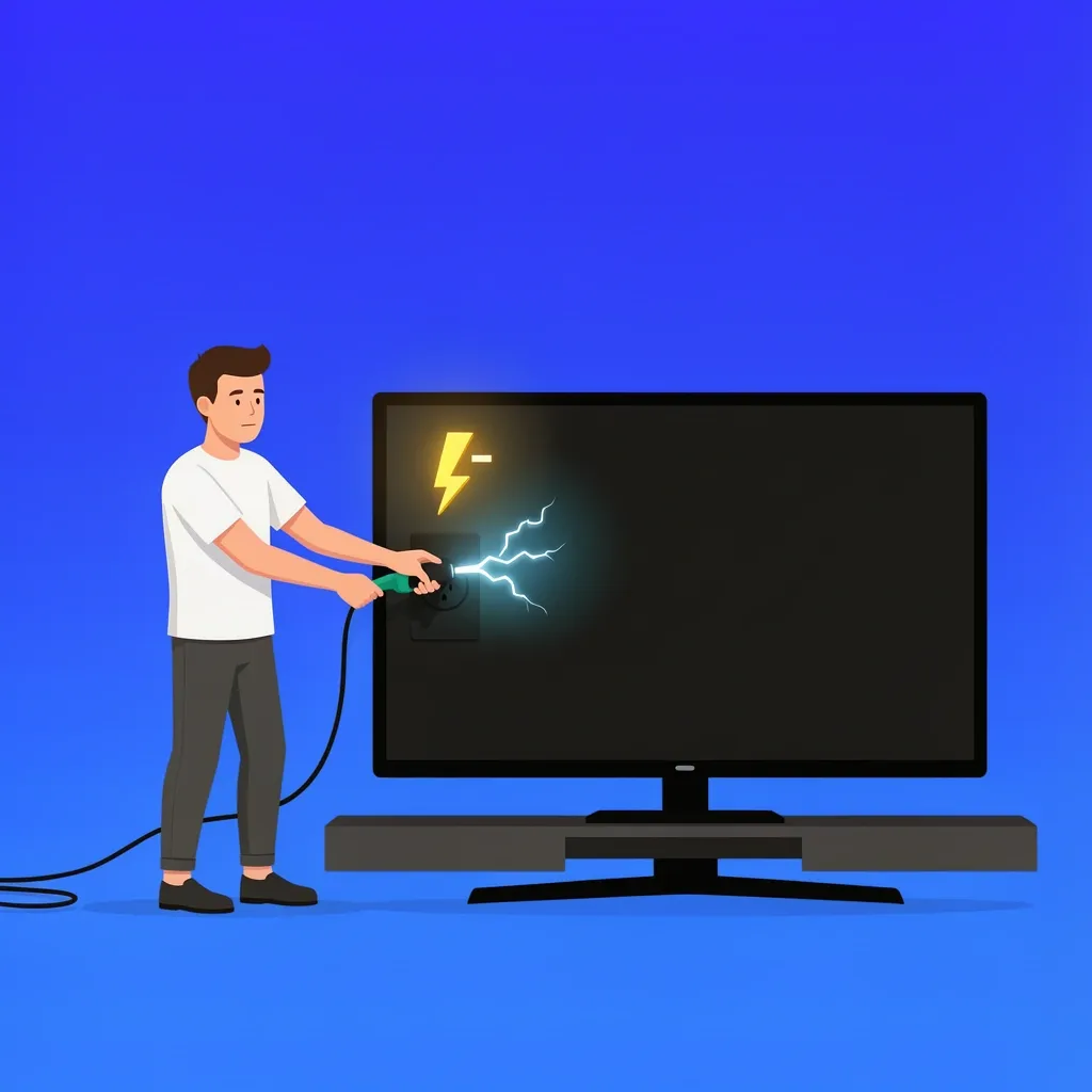 Last-resort Vizio remote reset without instructions Person unplugging TV and pressing power button to drain capacitors as a last-resort remote reset method